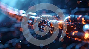 Future polygonal blockchain technology concept on blue background. Abstract modern illustration of a chain block.