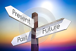 Future, present, past concept - signpost with three arrows