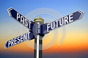 Future, present, past - signpost with three arrows
