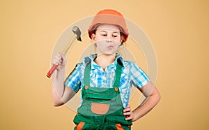 Future profession. Kid builder girl. Build your future yourself. Initiative child girl hard hat helmet builder worker