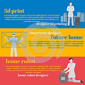 Future professions set. Futuristic occupation. Smart home designer, engineer 3 d printing and home robots.