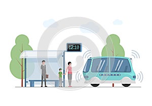 Future public express transport in city vector flat illustration. People at bus station waiting for modern self driving