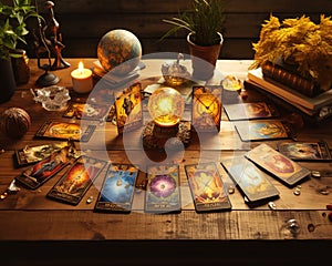 Future reading tarot cards on fortune teller old desk