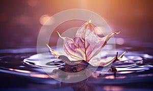 Future Reflections: A Golden Leaf on Water Captured in Stunning Futuristic Style photo