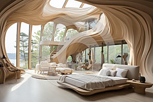 Future room design, modern layout, modernized house room, bedroom, alternative look and structure, geometry, abstract