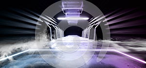 Future Sci Fi Smoke Neon Laser Spaceship Dark Corridor Glowing Purple Red Blue  Concrete Grunge Hallway Virtual Reality Vibrant