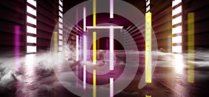 Future Sci Fi Smoke Neon Laser Spaceship Dark Corridor Glowing Purple Red Yellow Concrete Grunge Hallway Virtual Reality Vibrant