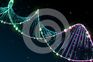 Future, science, genetics and innovation technology concept with bright digital DNA molecule made from binary code and pixels on