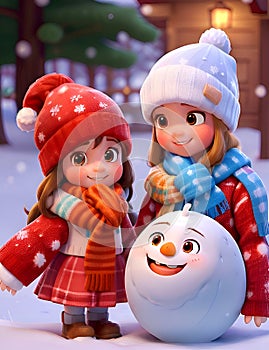Future Sculptresses Started to Make the Creative Snowman. Ai generated
