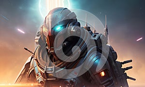 Future soldier in futuristic power armor, science fiction background. Generative Ai
