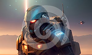 Future soldier in futuristic power armor, science fiction background. Generative Ai