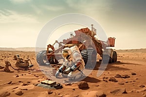 The Future of Space Exploration: Astronaut and Martian Rover on Mars. Generative AI.