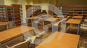 A room with shelves and tables. photo