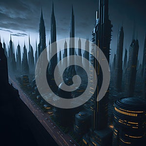Future Style City Scrapers, Metropolis, Modern Tall Buildings, Sci-Fi Elements, Generative AI