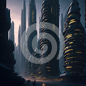 Future Style City Scrapers, Metropolis, Modern Tall Buildings, Sci-Fi Elements, Generative AI