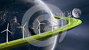 Future sustainable energy concept, wind turbines generating electricity on planetary ring around earth
