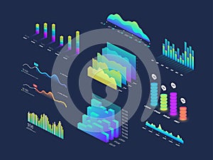 Future tech 3d isometric data finance graphic, business charts, analysis and plan binary indicators and infographic