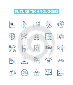 Future technologies vector line icons set. AI, Robotics, BigData, Blockchain, Cybersecurity, Quantum, Augmented