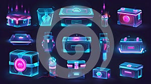 Future technology boxes for games. Sci-fi equipment icons, loot boxes with electronic locks, neon lights, modern