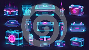 Future technology boxes for games. Sci-fi equipment icons, loot boxes with electronic locks, neon lights, modern photo
