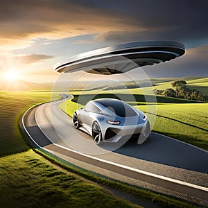 Future technology car UFO flying in the sky