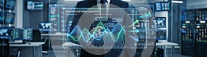 Future technology concept with businessman. Virtual touch screen for cyber security, data analysis and digital network management.