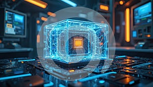 Future technology core processor. Quantum computer chip with circuit board design. Artificial intelligence, data processing,