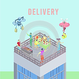 Future technology delivery service, online express mail supply 3d isometric vector illustration. Drone importation food