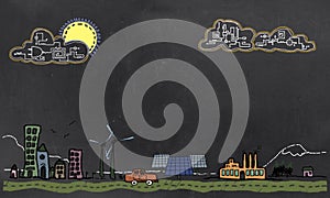 Future Technology and Renewable Energy Concept on Blackboard
