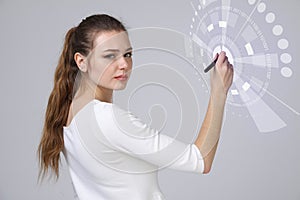 Future technology. Woman working with futuristic interface