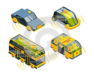 Future unmanned vehicle. Autonomous transport cars buses trucks and trains self control automotive robots system vector