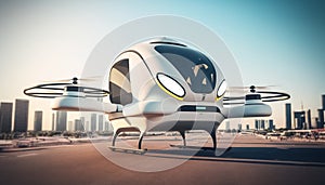 Future of urban air mobility, city air taxi. Autonomous driverless aerial vehicle fly through city. generative ai