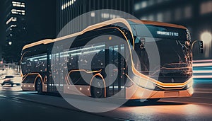 Future of urban autonomous electric bus self driving on night street. generative AI