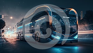 Future of urban autonomous mobility city bus. Autonomous electric bus self driving on night street. generative AI