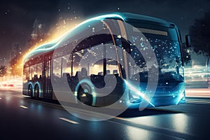 Future of urban autonomous mobility city bus. Autonomous electric bus self driving on night street. generative AI