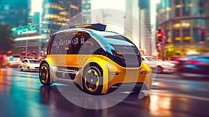 Future of urban autonomous mobility like AV city taxi. Postproducted generative AI illustration.