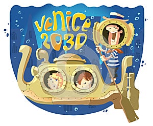 Future venice gondolier with tourists in submarine gondola