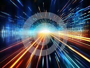 Future virtual reality, motion effect, curve of neon bright. Highway speed light.