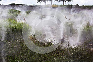 future watering with spraying water on the landscape design.