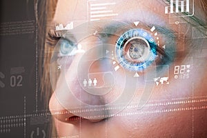 Future woman with cyber technology eye panel