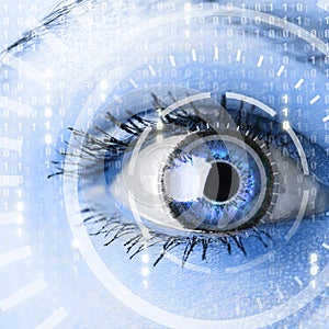 Future woman with cyber technology eye panel