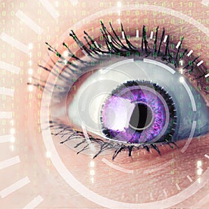 Future woman with cyber technology eye panel