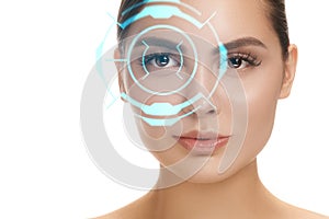 Future woman with cyber technology eye panel, cyberspace interface, ophthalmology concept