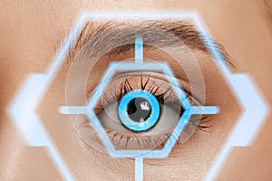 Future woman with cyber technology eye panel, cyberspace interface, ophthalmology concept