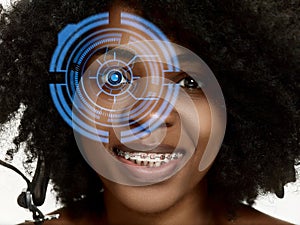 Future woman with cyber technology eye panel, cyberspace interface, ophthalmology concept