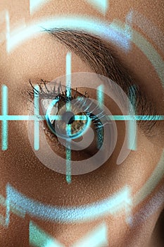 Future woman with cyber technology eye panel, cyberspace interface, ophthalmology concept