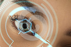 Future woman with cyber technology eye panel, cyberspace interface, ophthalmology concept