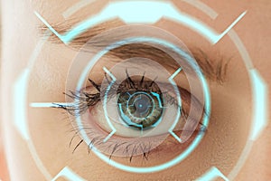 Future woman with cyber technology eye panel, cyberspace interface, ophthalmology concept