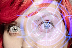 Future woman with cyber technology eye panel, cyberspace interface, ophthalmology concept