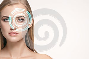 Future woman with cyber technology eye panel, cyberspace interface, ophthalmology concept